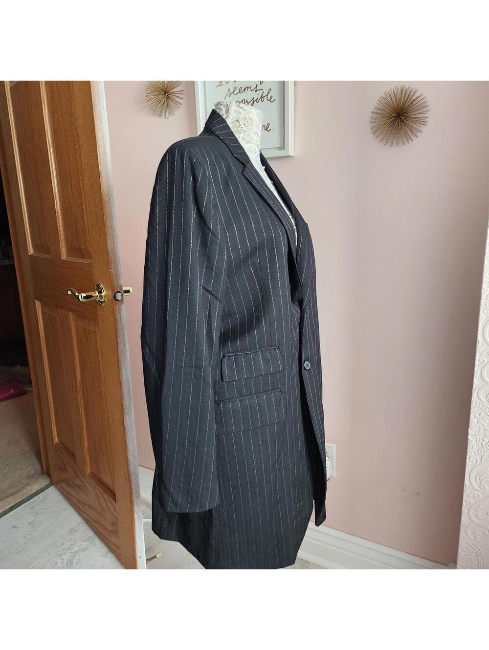 GRIFFIN Melbourne Black Pinstripe Long Wool Blazer Metallic Thread M L - Picture 4 of 9